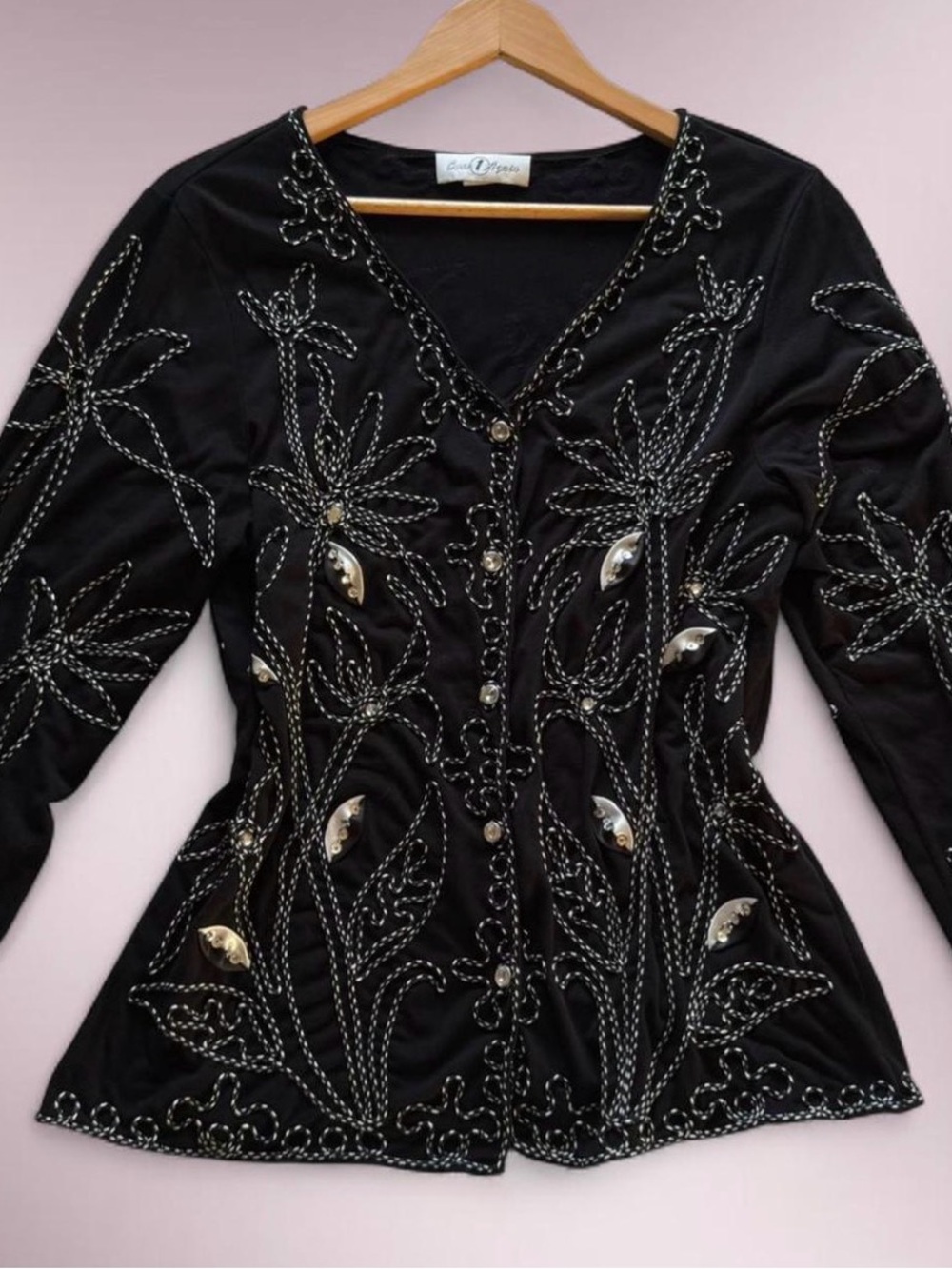 90s Vintage Black White Floral Sequin Cardigan Once Again XL Embroidered Beaded